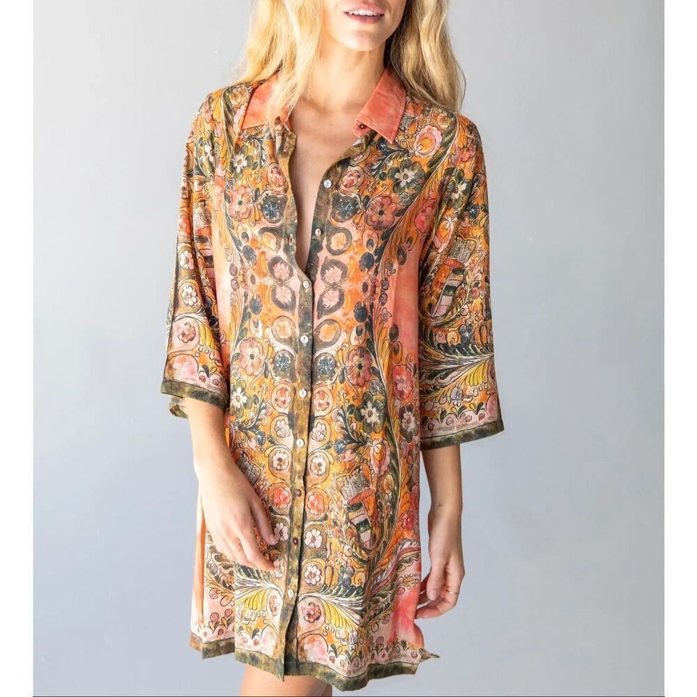 Natural Life Tunic Mini Dress NEW Fiona Paisley Coral Floral Button Front Orange
